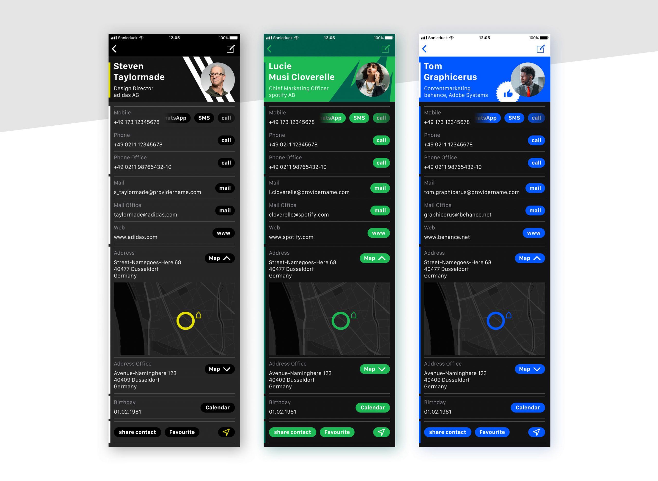 UX concept Apple Contacts App Redesign — overview branded skins